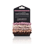 Giovanni Cosmetics SLIM SATIN HAIR SCRUNCHIES, 5-pack in Pink, Beige, Mauve, Copper, and Dark Brown—anti-tangle accessories displayed on a black Giovanni Eco Chic Beauty card.