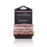 Giovanni Cosmetics SLIM SATIN HAIR SCRUNCHIES, 5-pack in Pink, Beige, Mauve, Copper, and Dark Brown—anti-tangle accessories displayed on a black Giovanni Eco Chic Beauty card.