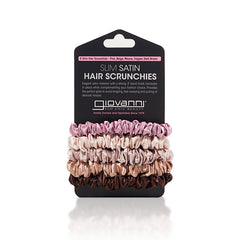 Giovanni Cosmetics SLIM SATIN HAIR SCRUNCHIES, 5-pack in Pink, Beige, Mauve, Copper, and Dark Brown—anti-tangle accessories displayed on a black Giovanni Eco Chic Beauty card.