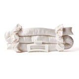 Introducing the HEATLESS SATIN HAIR CURLING SET (ivory) by Giovanni Cosmetics—this white satin curling kit includes two scrunchies wrapped around soft fabric rods and a large white plastic hair clip positioned in front, expertly designed to create frizz-free, no heat curls with ease.