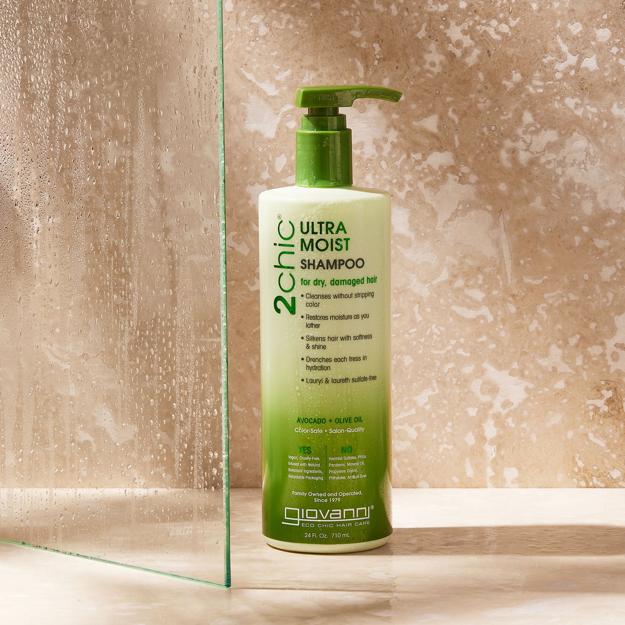 A bottle of Giovanni 2Chic Ultra Moist Shampoo in the shower