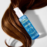 A blue bottle of Giovanni Cosmetics BIOTIN & COLLAGEN REBONDING & RESTORING HAIR OIL sits atop smooth, shiny brown hair. Its white pump and gold text showcase benefits for healthy, glossy hair and increased volume.