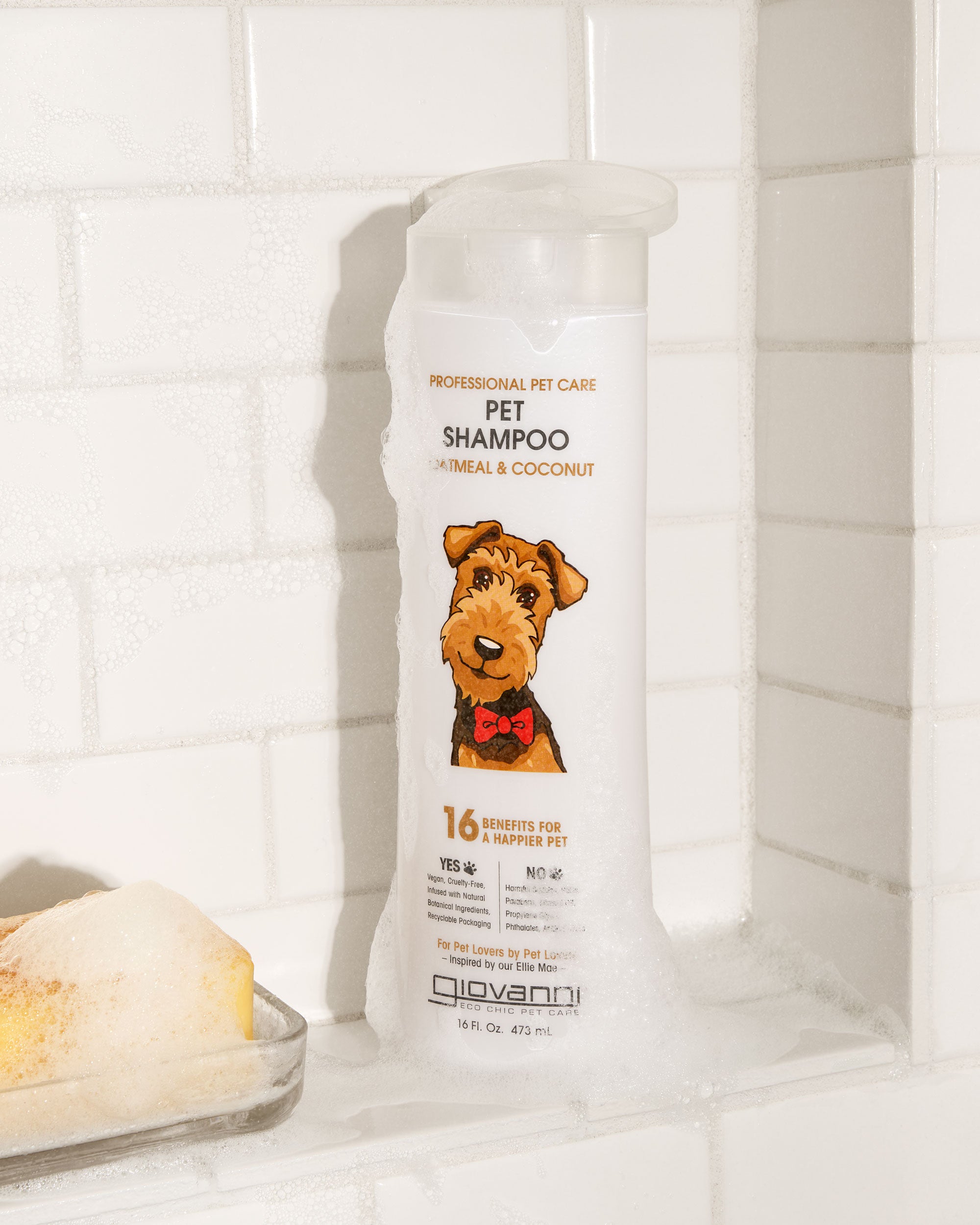 A bottle of Giovanni Pet Shampoo in the shower