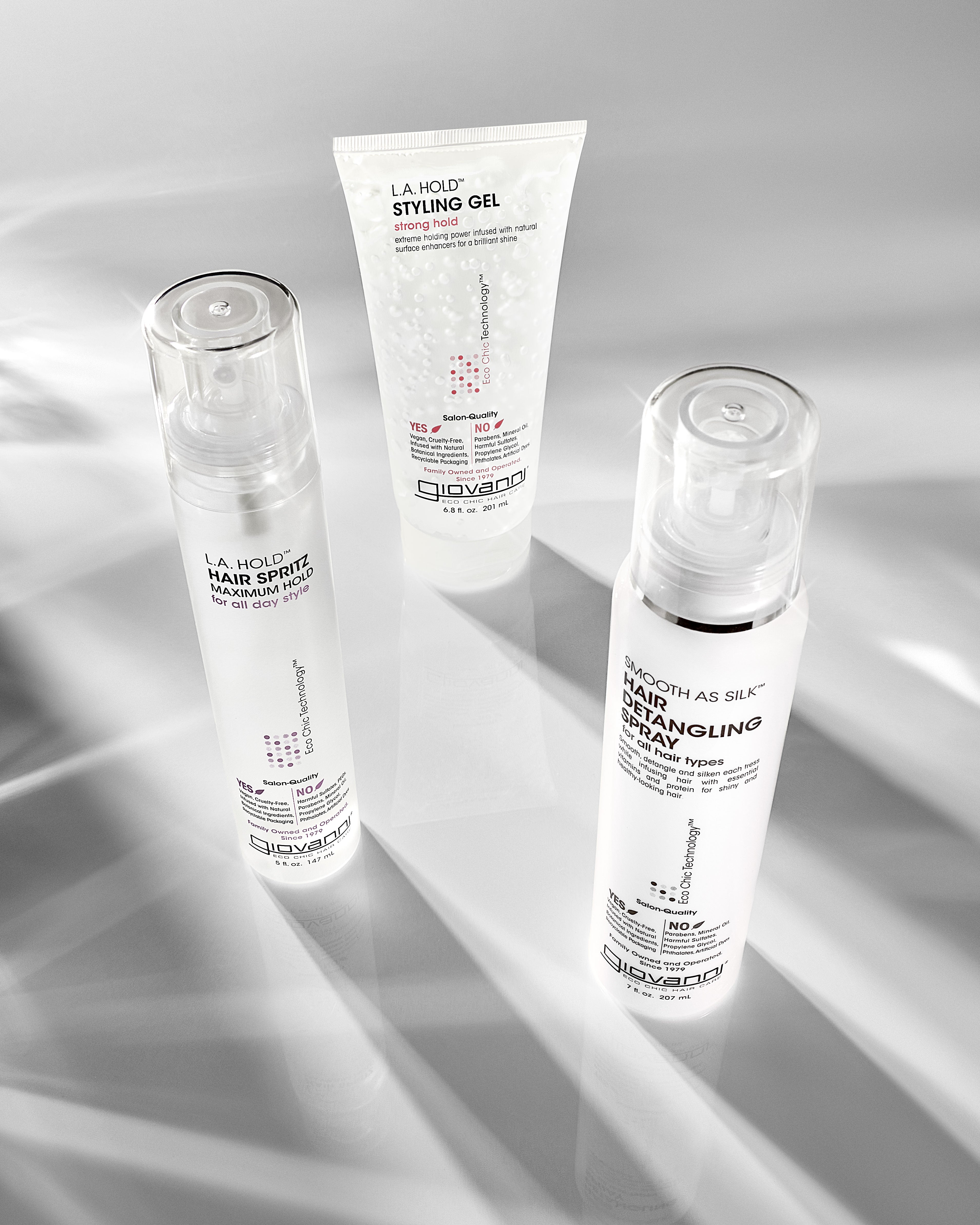 Bottles of Giovanni LA Hold Styling Gel and Hair Spritz with Smooth as Silk Hair Detangling Spray