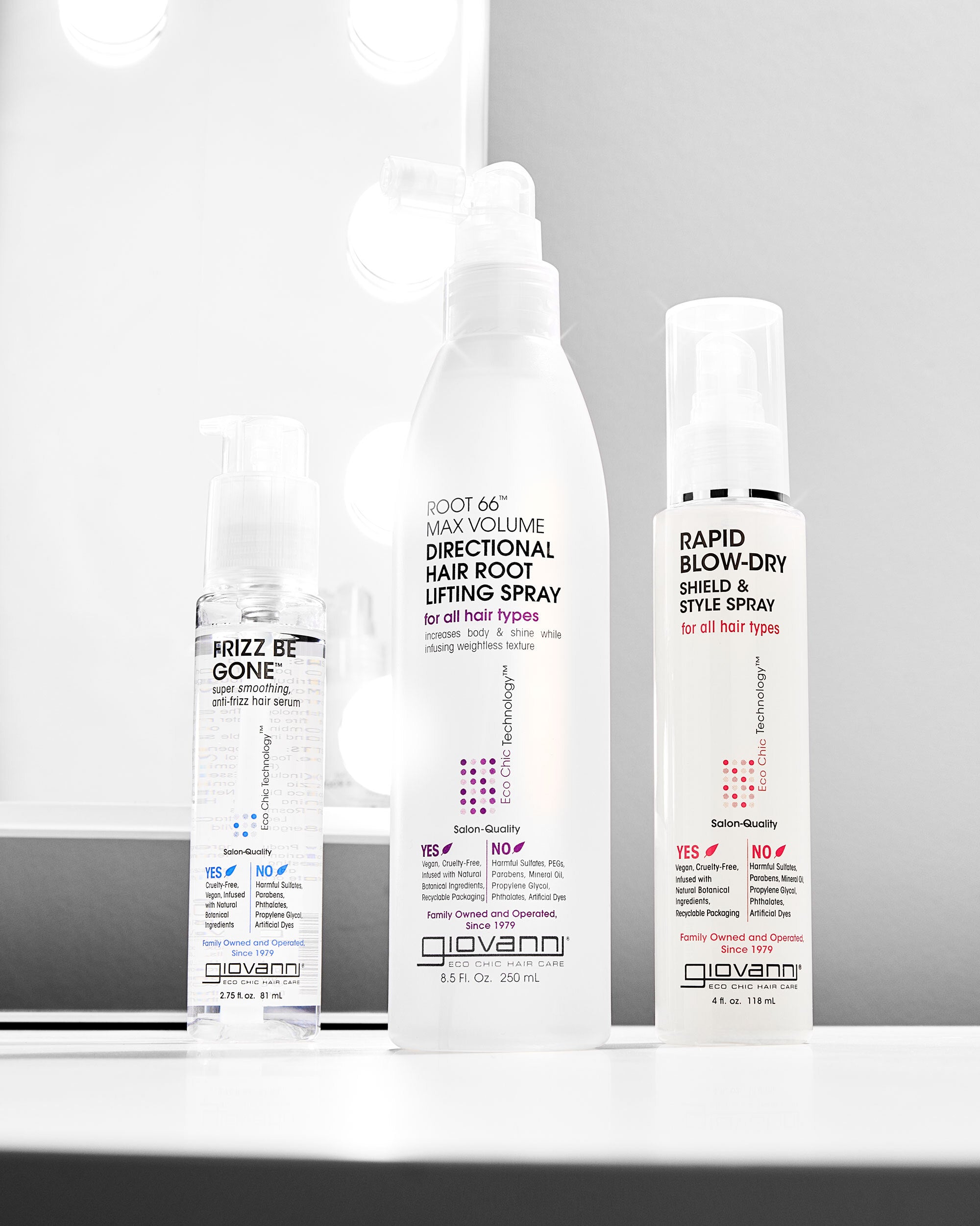 Giovanni Cosmetics' RAPID BLOW-DRY SHIELD AND STYLE SPRAY stands on a white surface, with a lit mirror in the background.