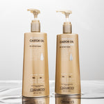 A gold pump bottle of Giovanni Cosmetics SMOOTHING CASTOR OIL CONDITIONER for all hair types stands on a reflective surface, offering frizz-taming benefits against a light gray background.