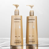 A gold pump bottle of Giovanni Cosmetics SMOOTHING CASTOR OIL CONDITIONER for all hair types stands on a reflective surface, offering frizz-taming benefits against a light gray background.