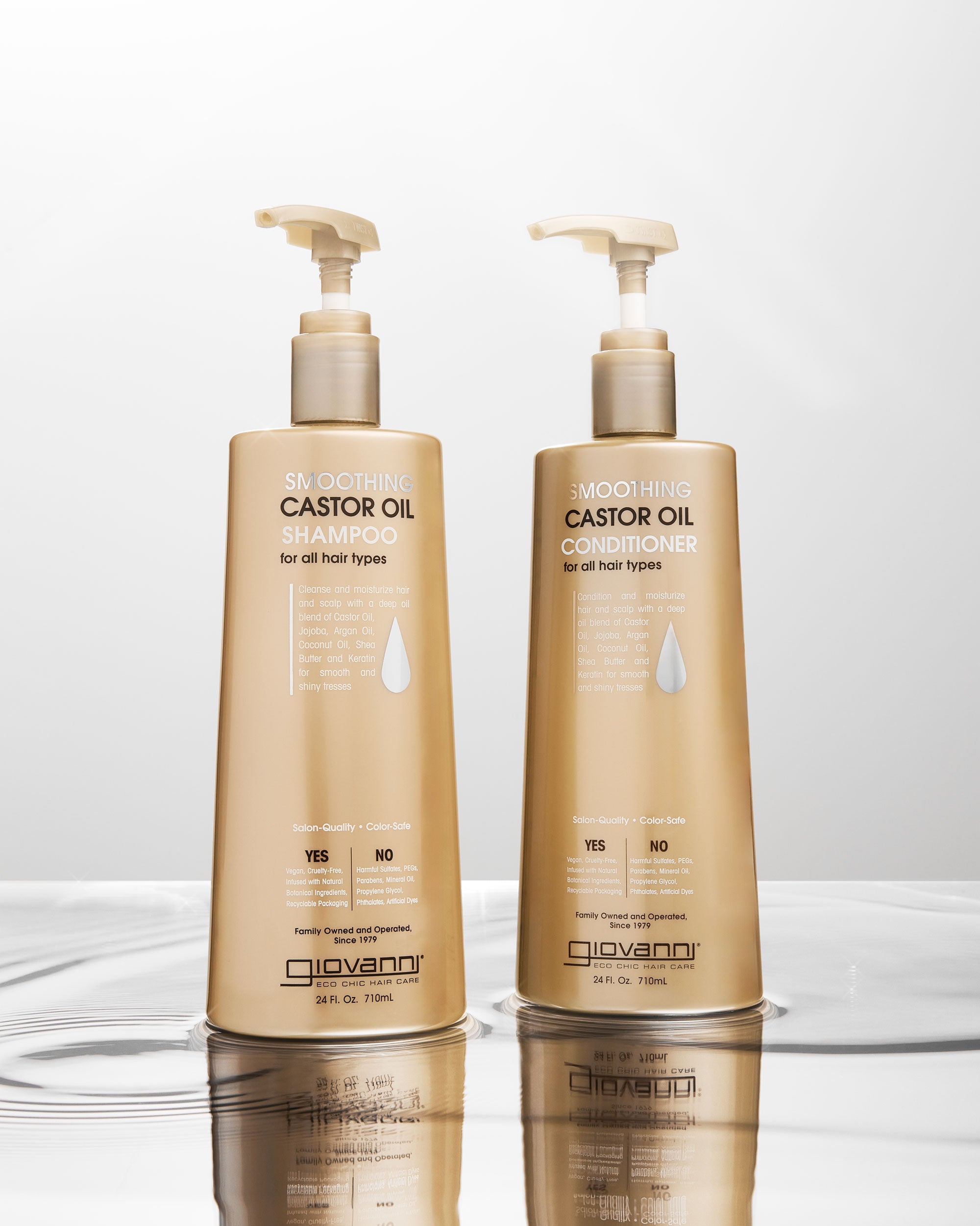 A gold pump bottle of Giovanni Cosmetics SMOOTHING CASTOR OIL CONDITIONER for all hair types stands on a reflective surface, offering frizz-taming benefits against a light gray background.