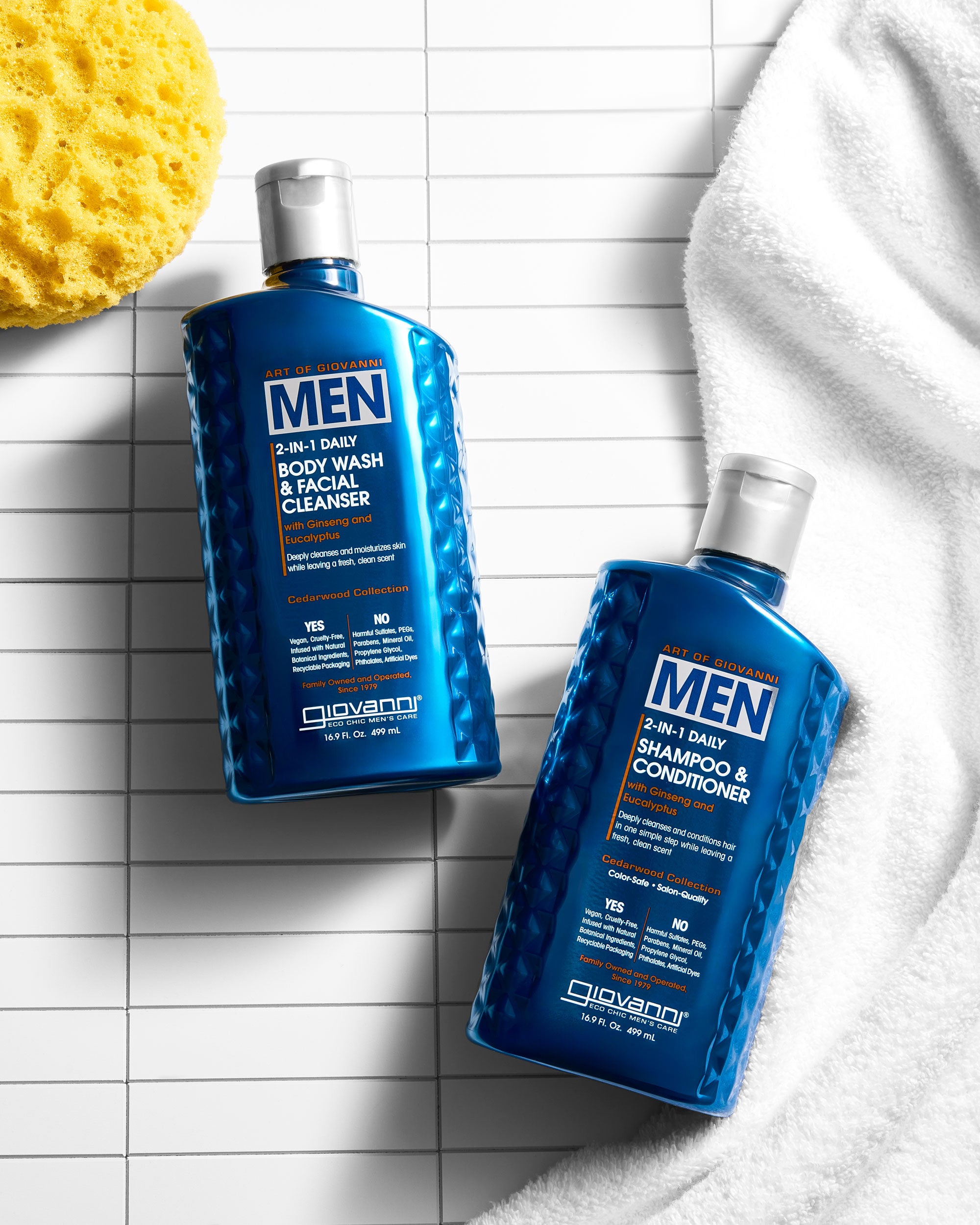 Two bottles of Giovanni Men's hair care products on a checkered surface with a sponge and towel.