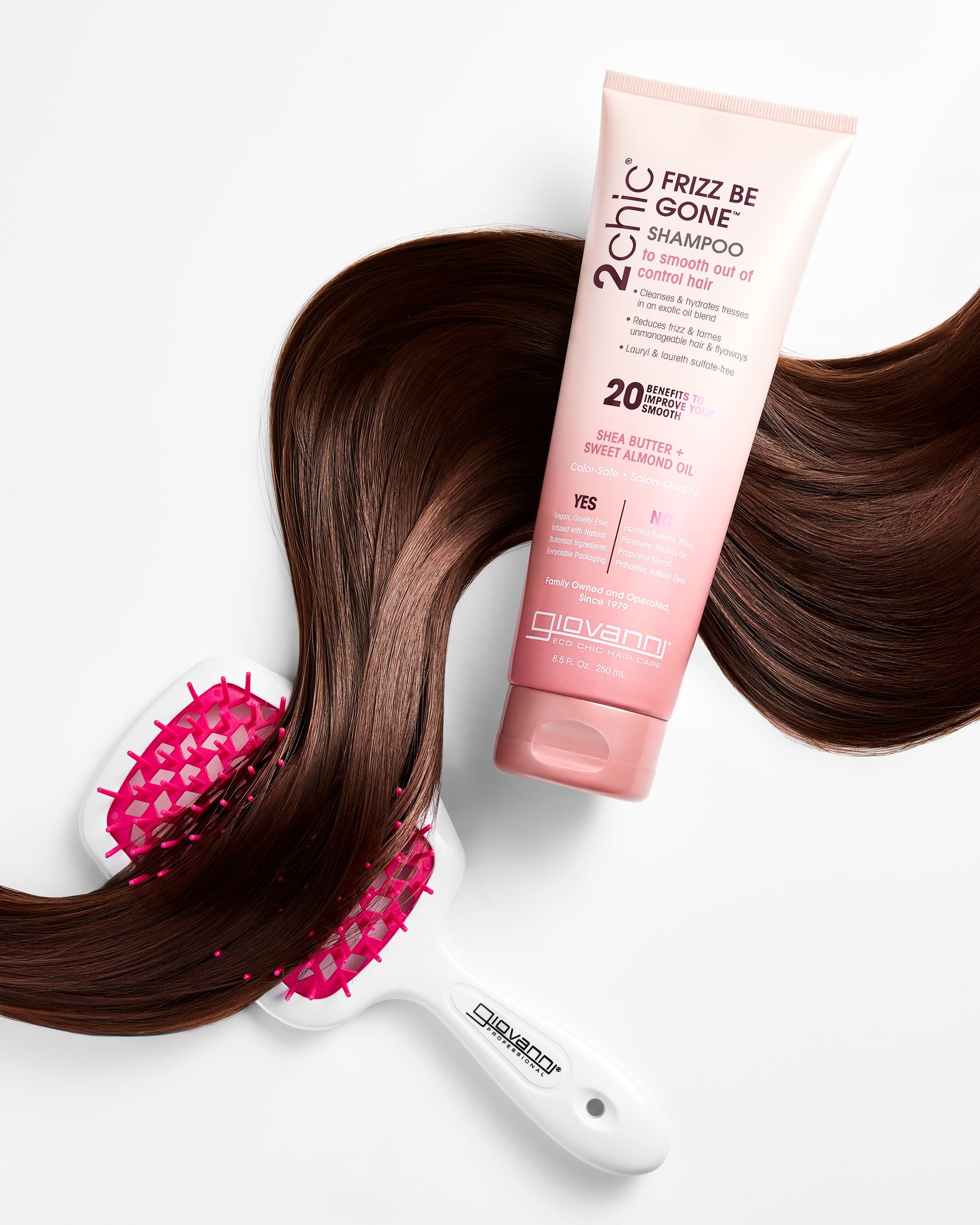 Giovanni 2chic Frizz Be Gone shampoo bottle with a hairbrush on a white background