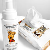 Giovanni pet care products including a bottle of waterless foaming pet shampoo and a packet of wipes on a light gray background.