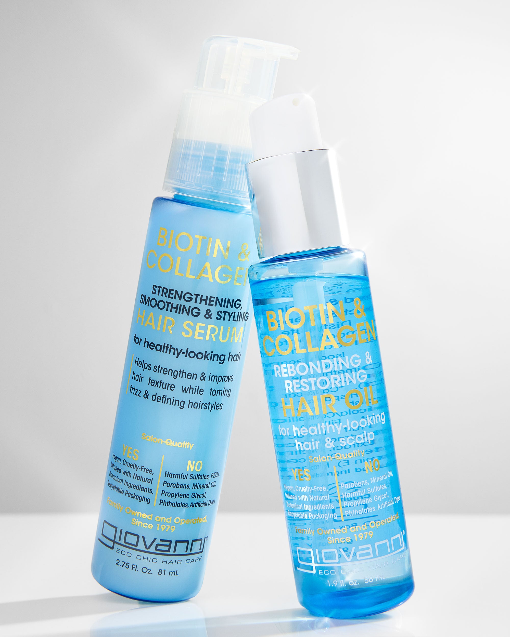 Two bottles of Giovanni Biotin & Collagen hair care products on a white background