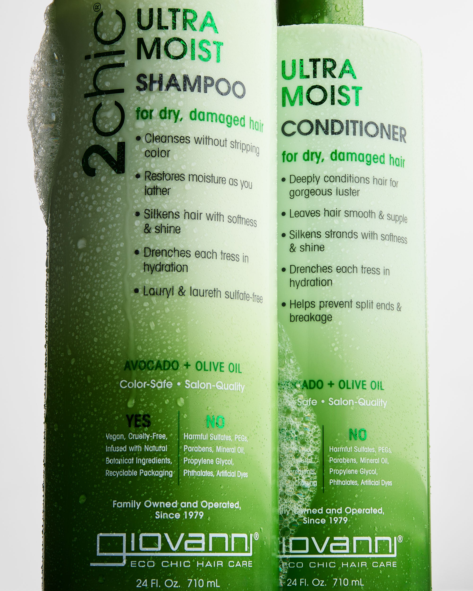 Two bottles of Giovanni Ultra Moist shampoo and conditioner on a white background