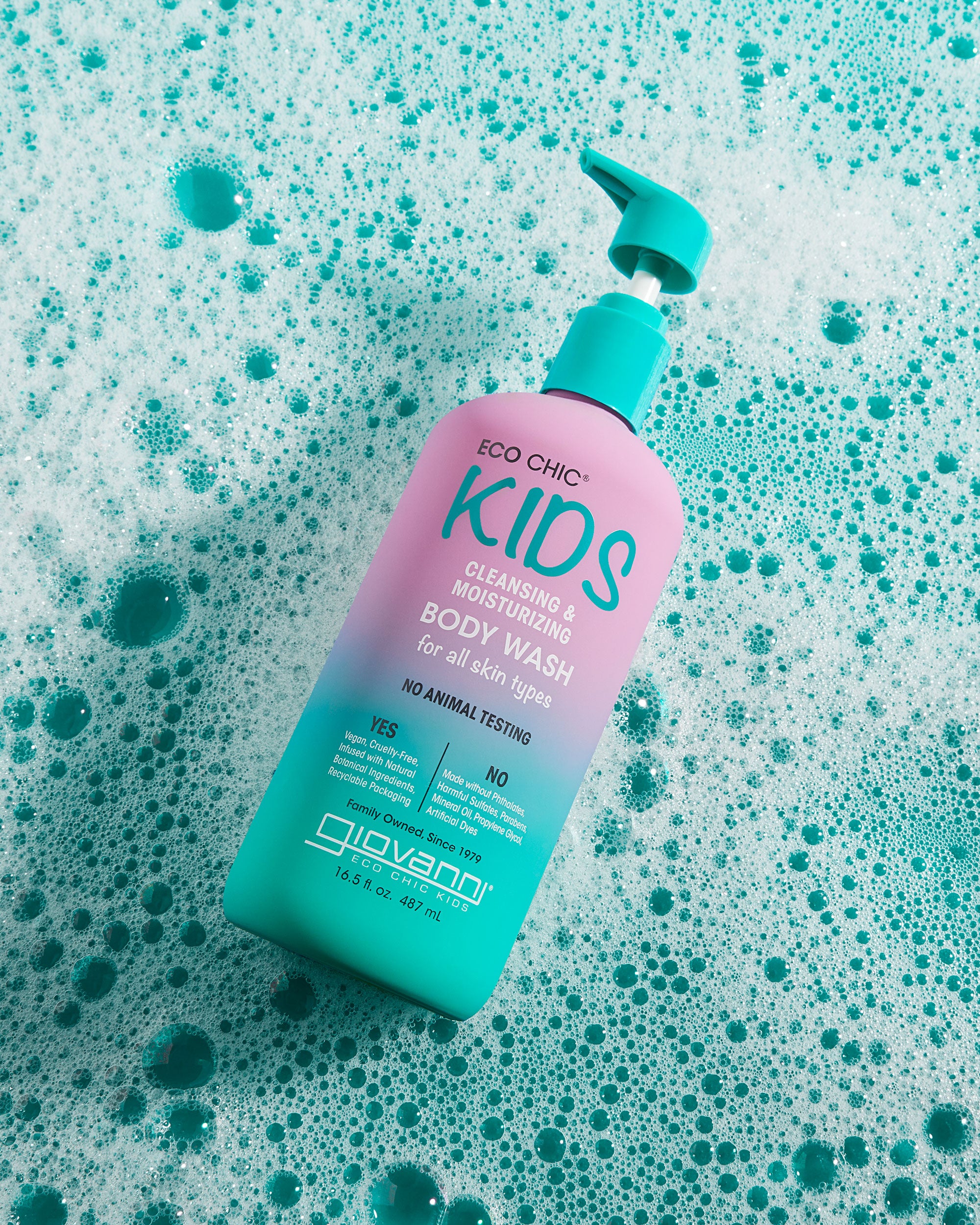 Giovanni Kids body wash bottle on a background with bubbles