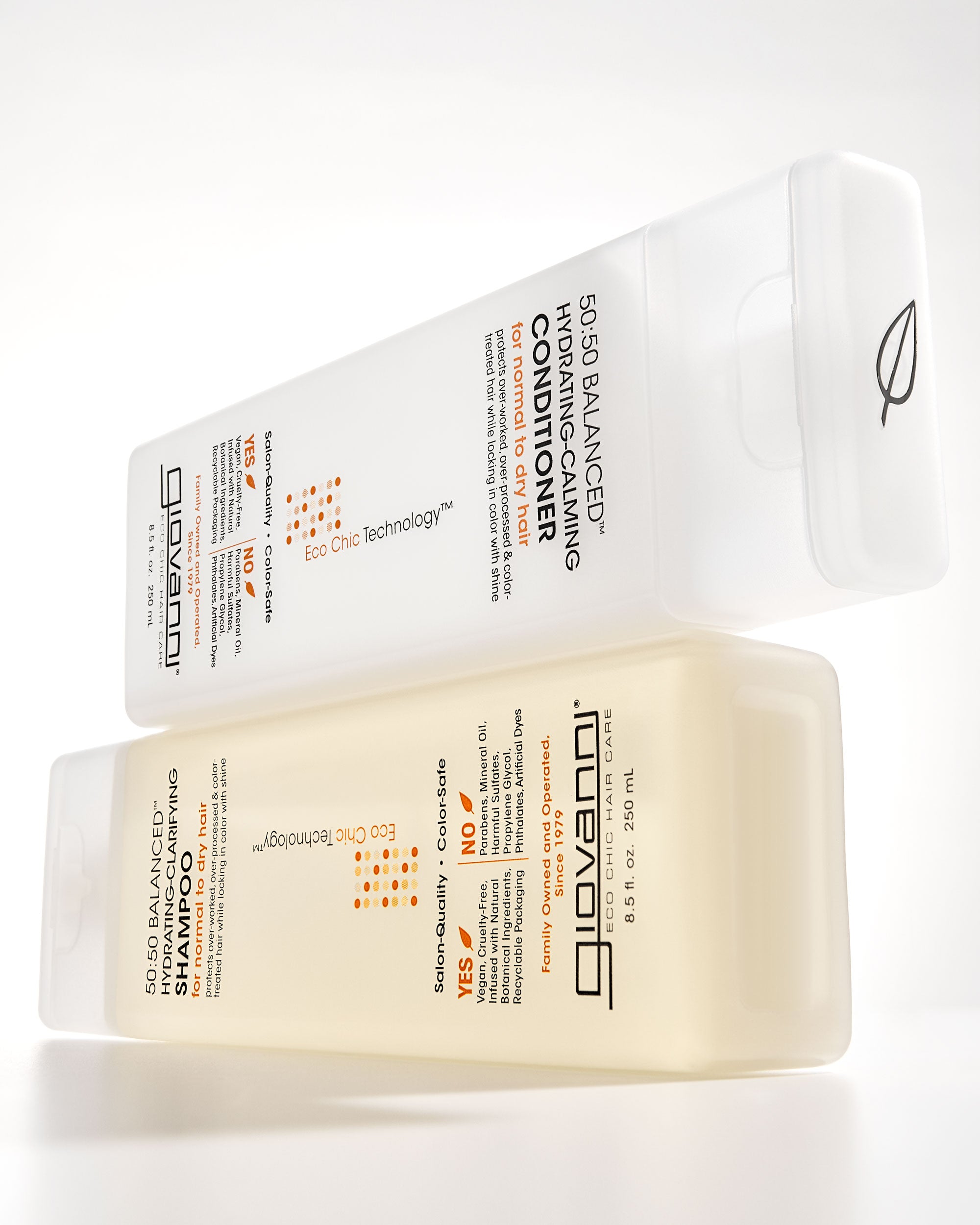 Giovanli shampoo and conditioner bottles on a white background