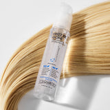 Giovanni Frizz Be Gone hair product bottle on a background of blonde hair