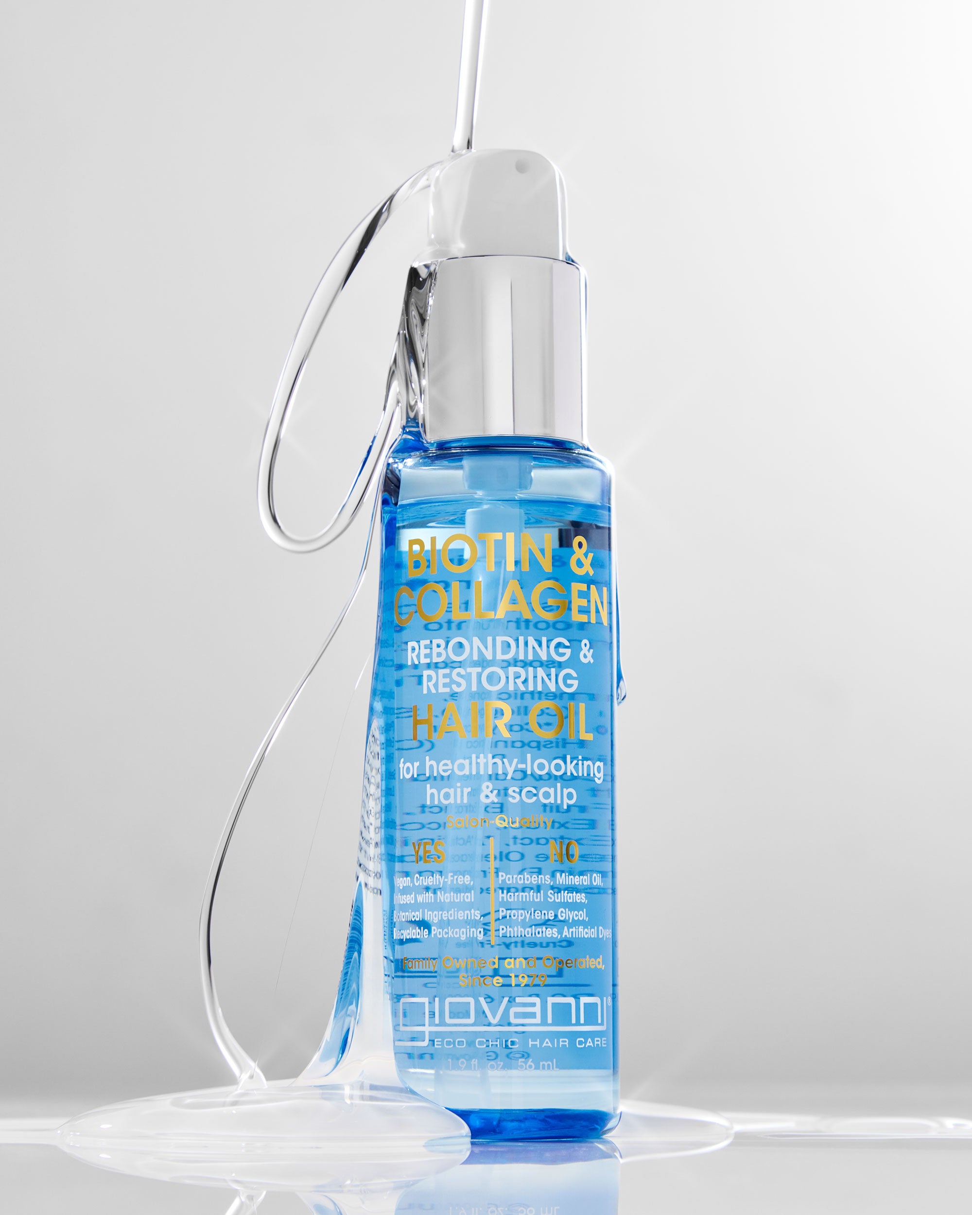Bottle of Giovanni Biotin & Collagen hair oil on a gray background