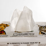 Giovanni pet care product packaging with a tissue and illustrations of a dog and cat.