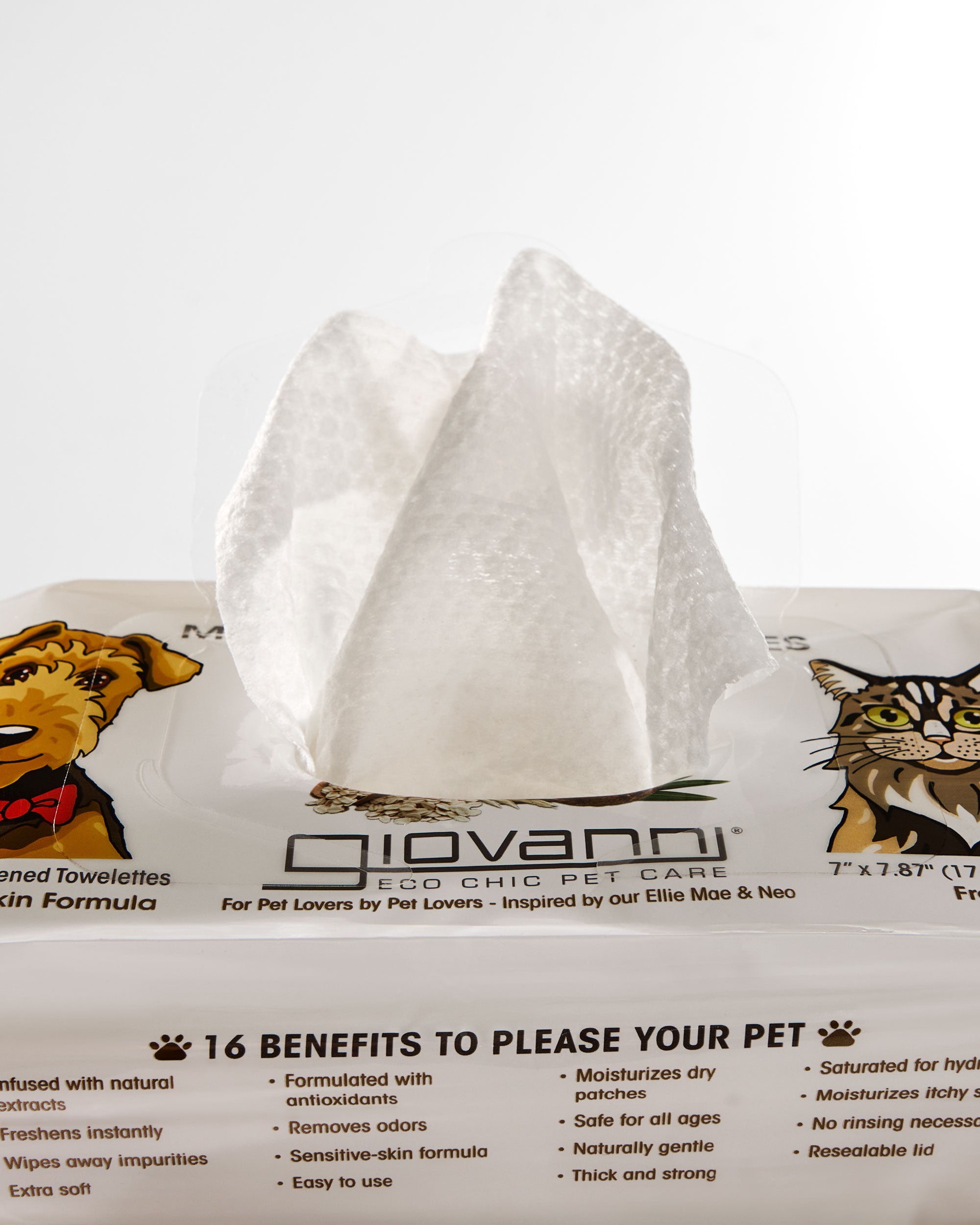 Giovanni pet care product packaging with a tissue and illustrations of a dog and cat.