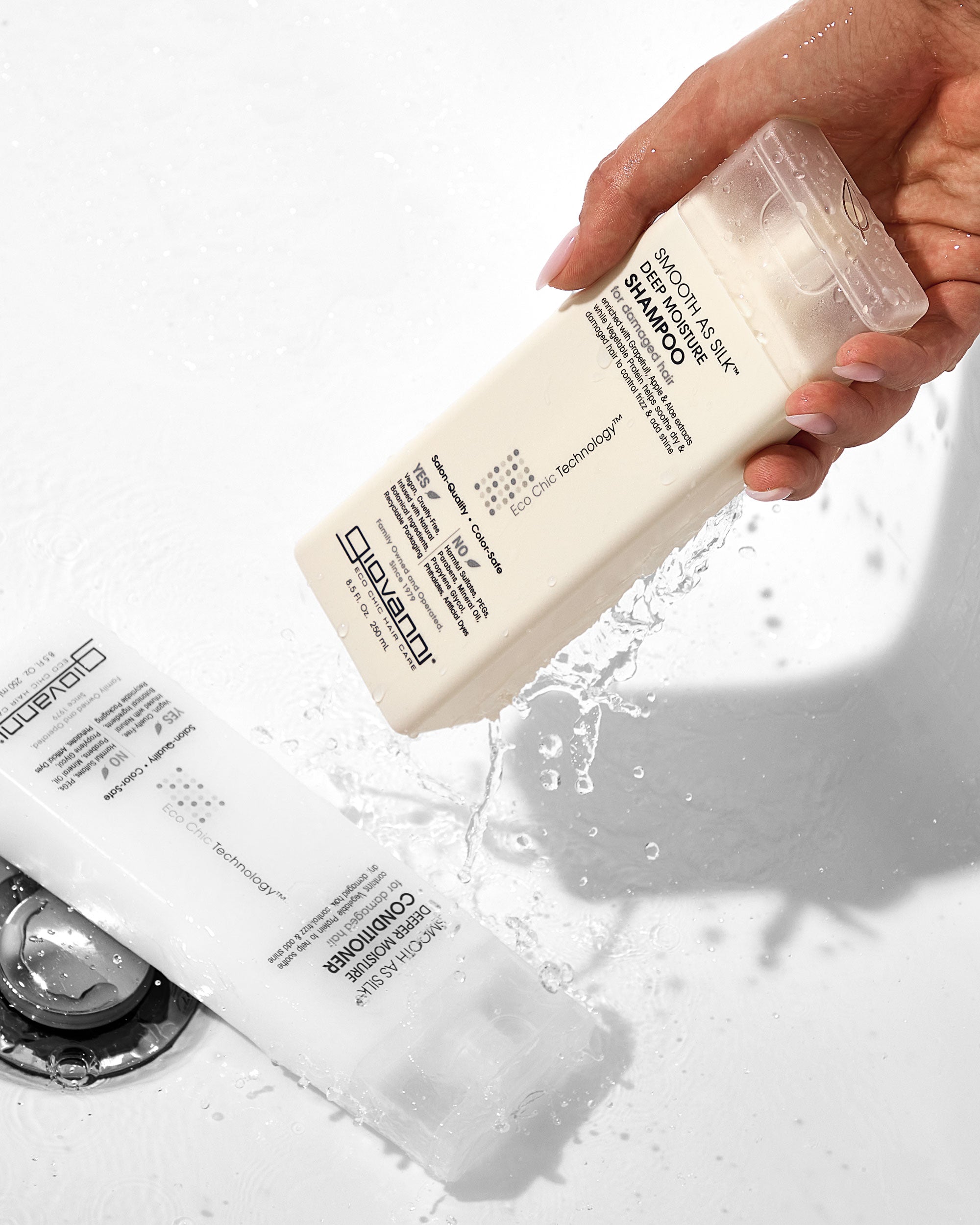 Hand holding a bottle of Giovanni Smooth as Silk Deep Moisture shampoo with on white background
