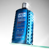 Blue bottle of Giovanni Men's shampoo and conditioner on a gray background