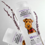 Giovanni 2-in-1 pet shampoo and conditioner with lavender and chamomile on a gray background