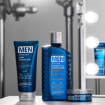 Giovanni Men's hair styling products including shampoo, styling gel, and clay on a vanity table.