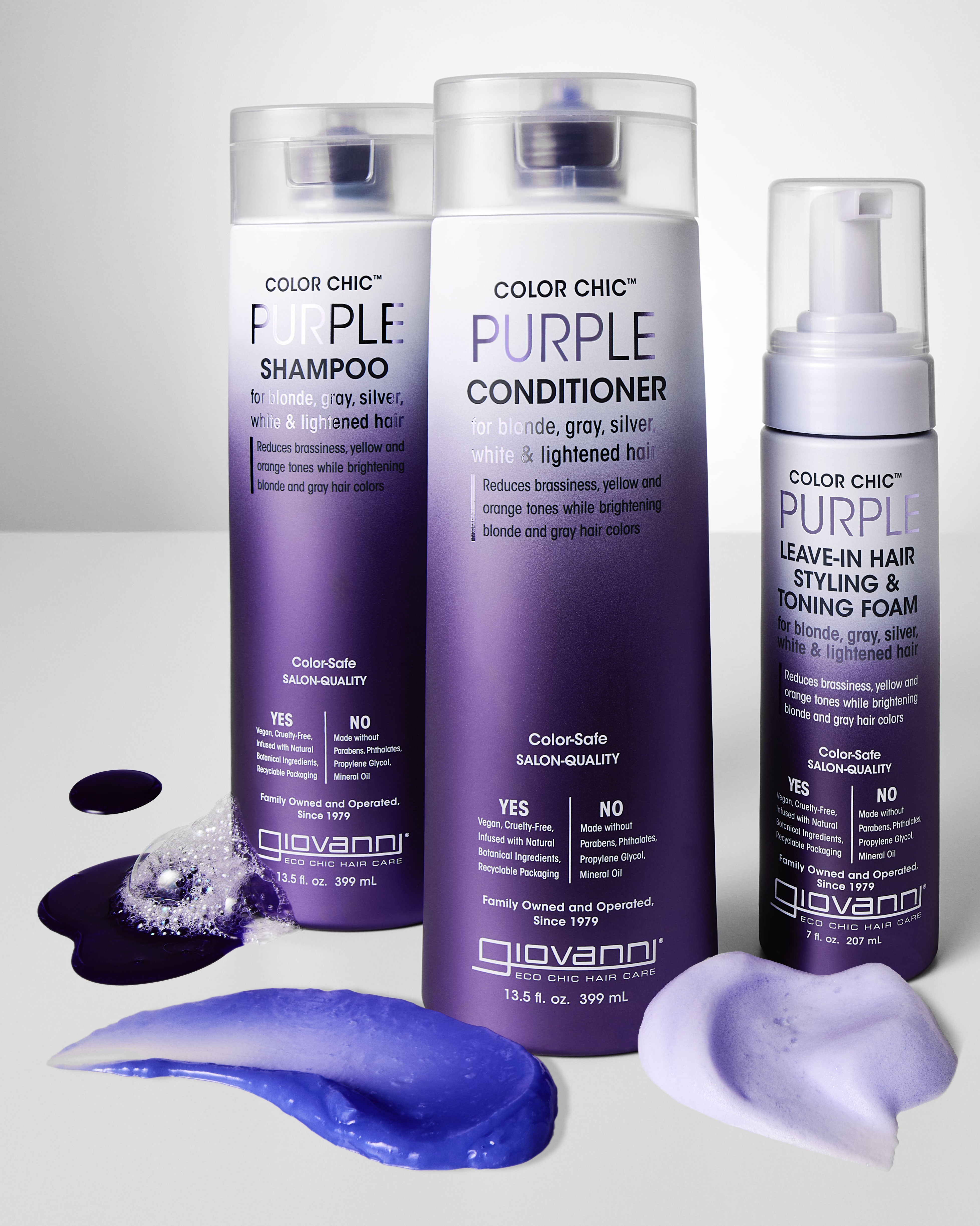 Giovanni Cosmetics' COLOR CHIC™ PURPLE CONDITIONER, shown with purple and blue swatches, is ideal for brightening blonde hair and enhancing silver tones.