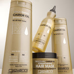 Giovanni Smoothing Castor Oil hair care products including shampoo, conditioner, and hair mask on a neutral background.