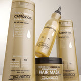 Giovanni Smoothing Castor Oil hair care products including shampoo, conditioner, and hair mask on a neutral background.
