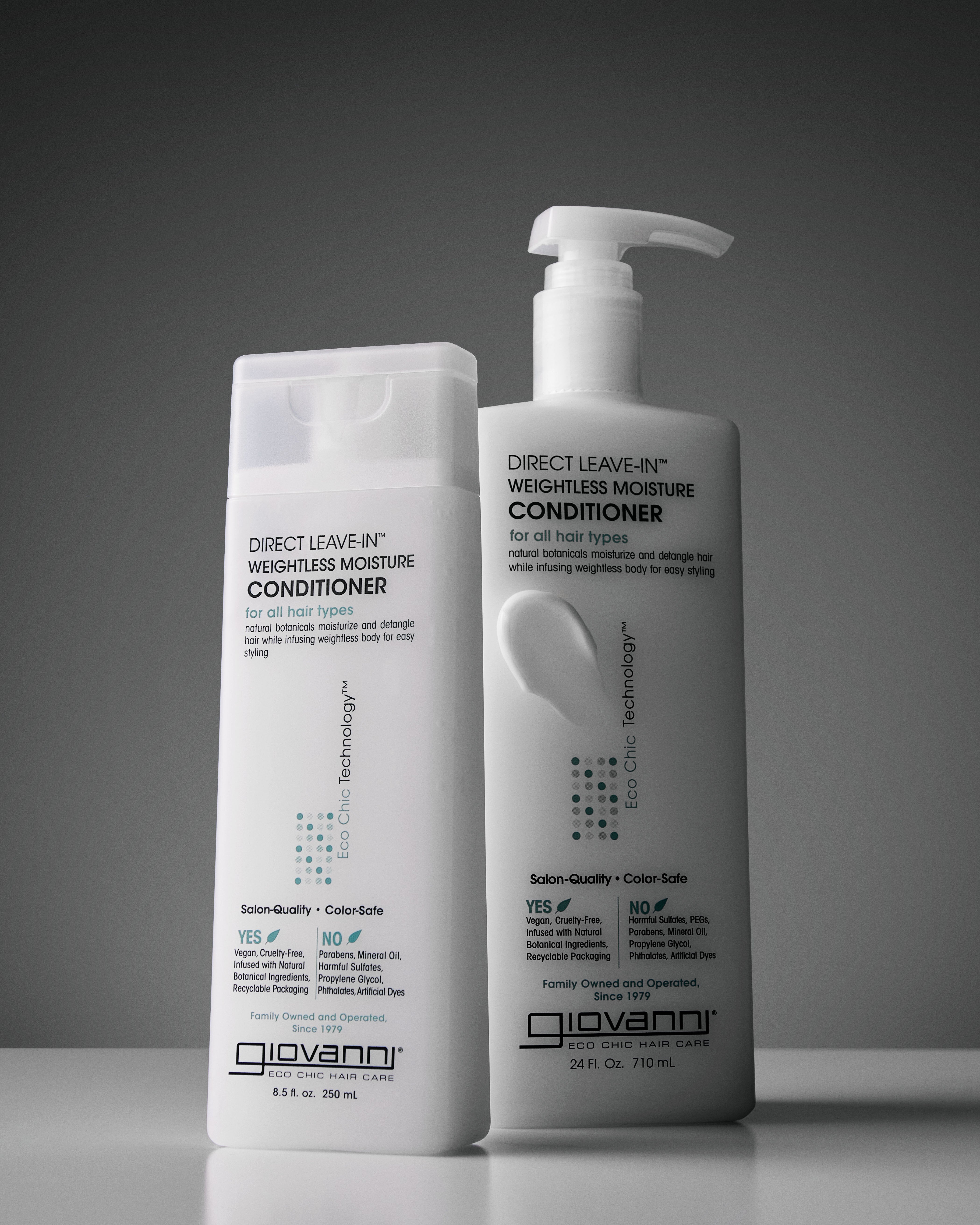 Two bottles of Giovanni Direct Leave-In Weightless Moisture Conditioner on a gray background