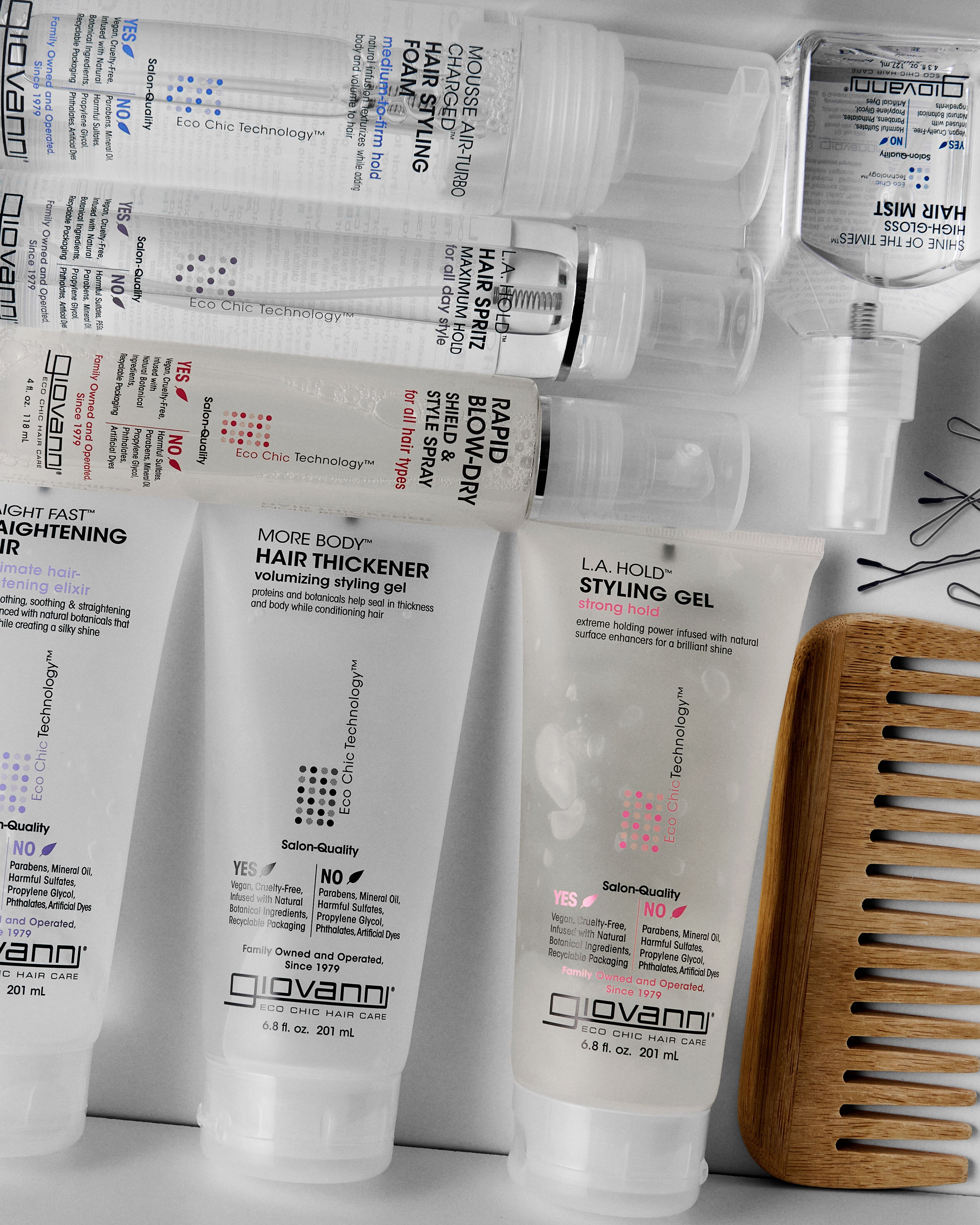 Giovanni hair care products including styling gel and hair thickener on a white background.