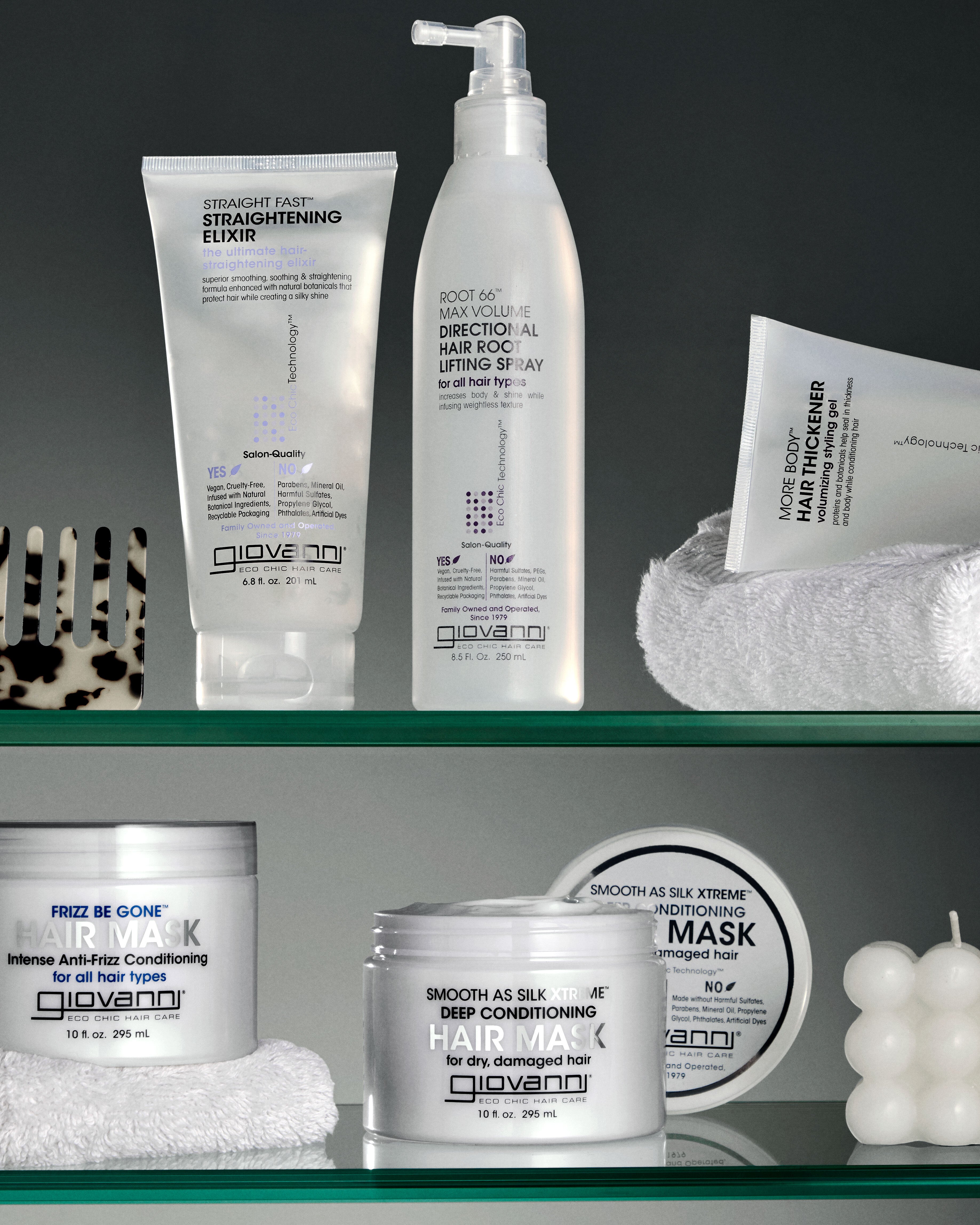 Giovanni hair care products on a glass shelf with a neutral background