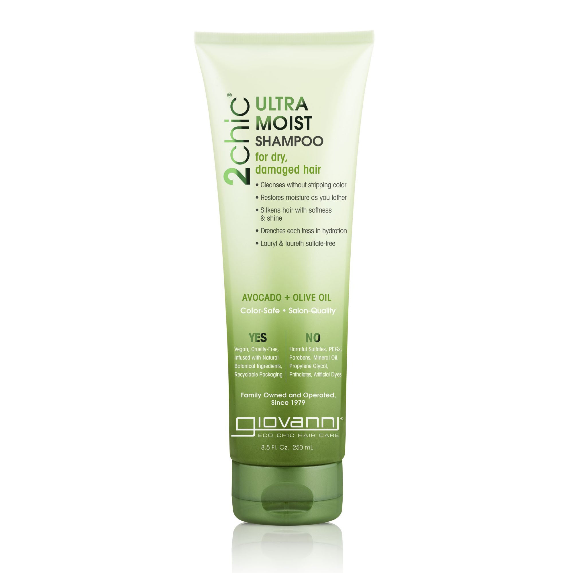 AVOCADO OIL & OLIVE OIL SHAMPOO FOR DRY, DAMAGED HAIR - a bottle of Giovanni 2chic® Ultra-Moist Shampoo