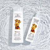 Two bottles of Giovanni Cosmetics pet care on a water-like surface: Oatmeal & Coconut Pet Shampoo and PROFESSIONAL PET DEODORIZING & FINISHING SPRAY - OATMEAL & COCONUT, both featuring an illustrated dog on the labels.