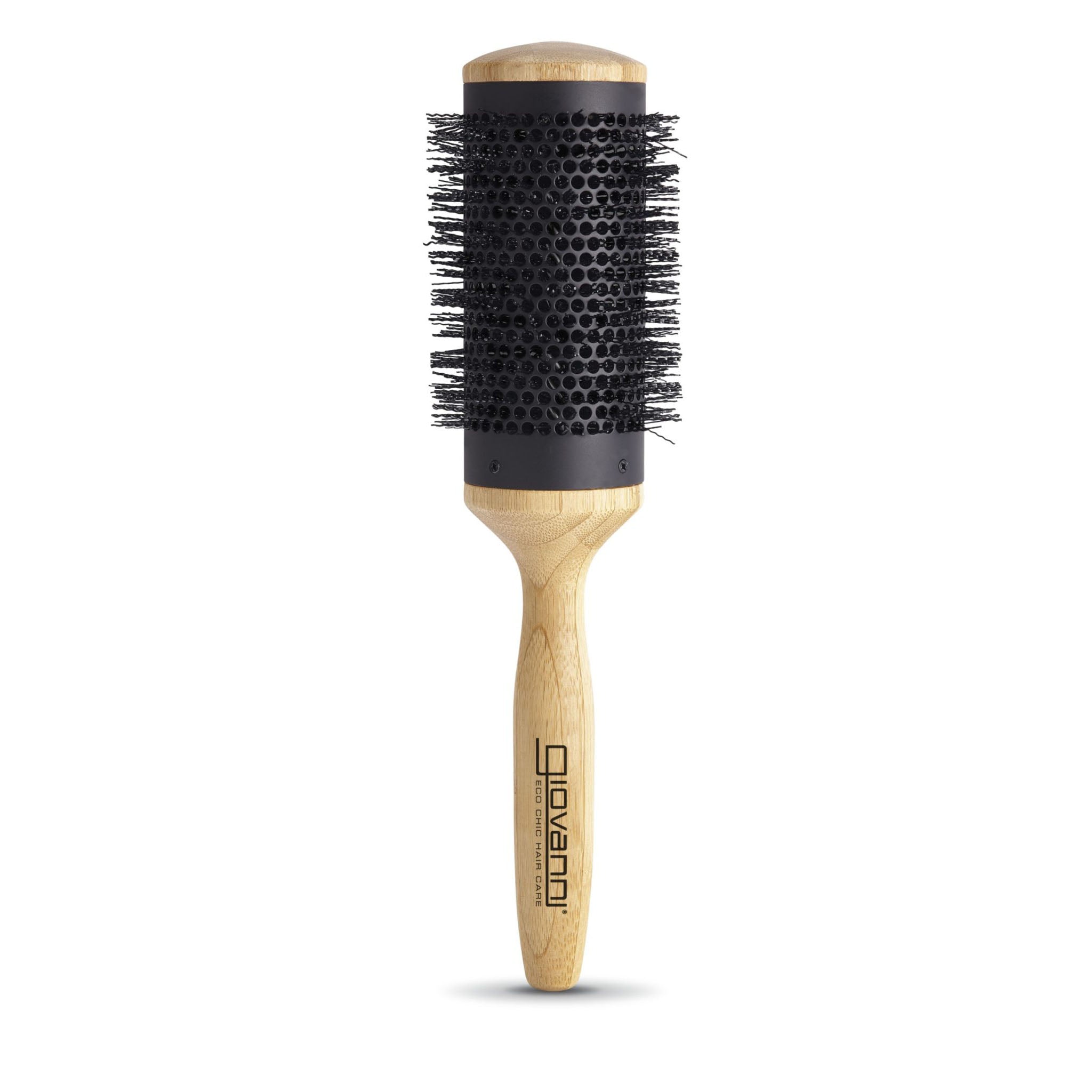 medium-to-long hair  - The Giovanni Cosmetics 3" BAMBOO THERMAL HAIRBRUSH has a salon-quality vented cylindrical barrel, bamboo handle, black bristles, and features the Giovanni logo printed on the handle.