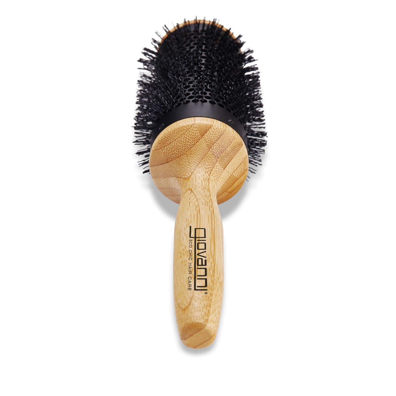 The 3" BAMBOO THERMAL HAIRBRUSH by Giovanni Cosmetics is a salon-quality round brush with black bristles and a light bamboo handle, featuring the Giovanni Cosmetics brand name printed in black on the handle.
