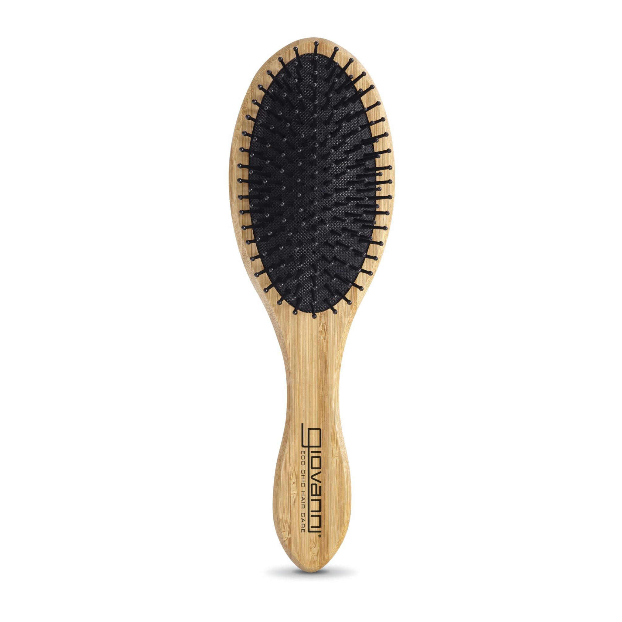for all hair types - The BAMBOO OVAL HAIRBRUSH by Giovanni Cosmetics features a black cushioned base and widely spaced bristles, shown on a white background—a sustainable styling tool designed for effortless grooming.