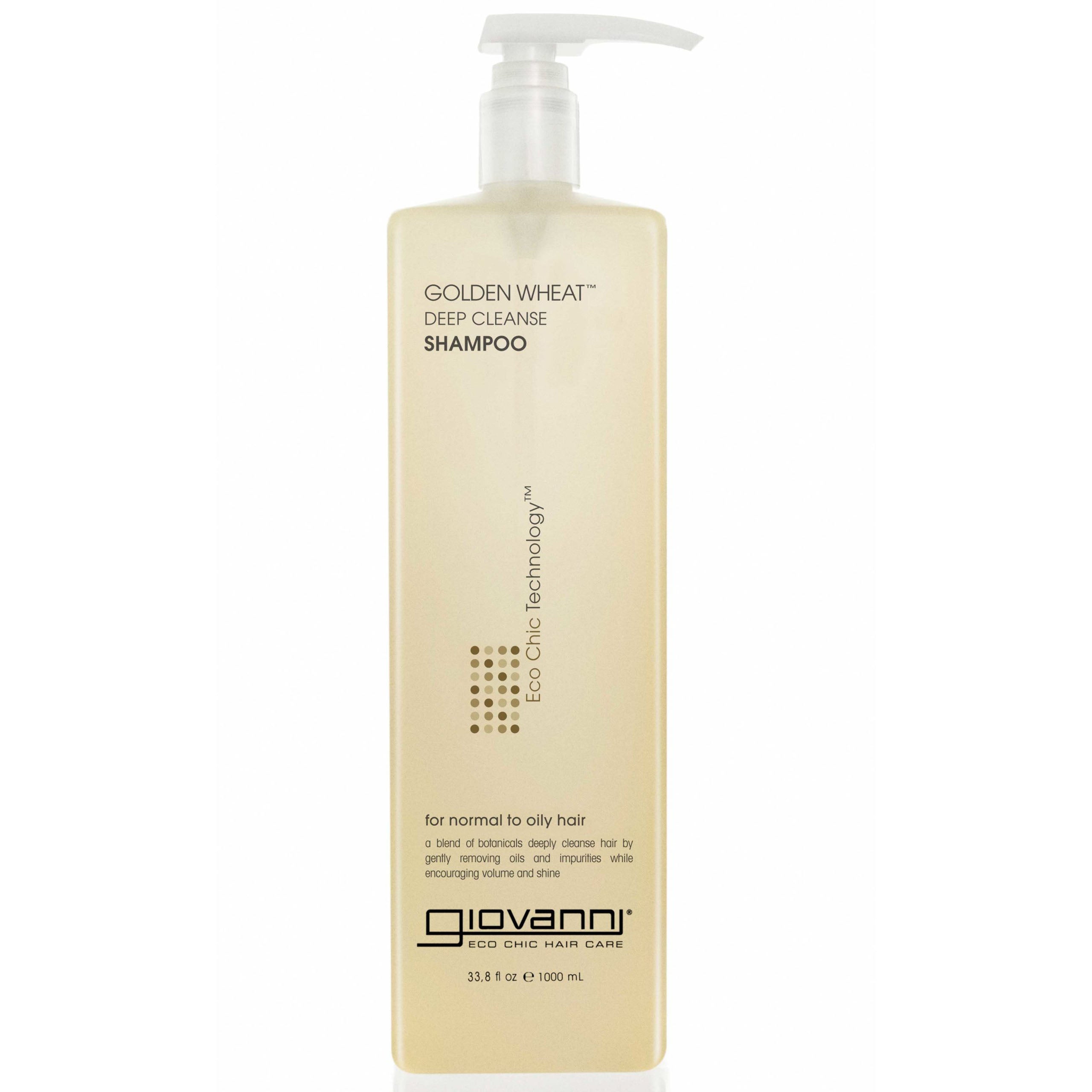 A tall, rectangular bottle of Giovanni Cosmetics GOLDEN WHEAT™ DEEP CLEANSE SHAMPOO with a white pump dispenser and a beige label featuring black and silver text. This color-safe shampoo is designed for oily hair and deep cleansing. Available in 2 sizes.