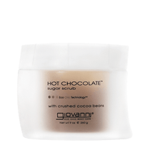 A white plastic jar labeled HOT CHOCOLATE™ SUGAR SCRUB by Giovanni Cosmetics, featuring crushed cocoa beans as a decadent body exfoliator, comes in a 9 oz (260 g) size with Eco Chic Technology.