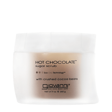 for all skin types - A white plastic jar labeled HOT CHOCOLATE™ SUGAR SCRUB by Giovanni Cosmetics, featuring crushed cocoa beans as a decadent body exfoliator, comes in a 9 oz (260 g) size with Eco Chic Technology.