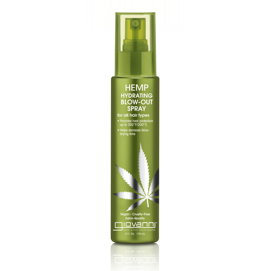all hair types - A green spray bottle of Giovanni Cosmetics HEMP HYDRATING BLOW-OUT SPRAY for all hair types, with a cannabis leaf graphic, is vegan, cruelty-free, and uses Hemp Seed Oil for heat protection and frizz control.