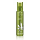 A green spray bottle of Giovanni Cosmetics HEMP HYDRATING BLOW-OUT SPRAY for all hair types, with a cannabis leaf graphic, is vegan, cruelty-free, and uses Hemp Seed Oil for heat protection and frizz control.