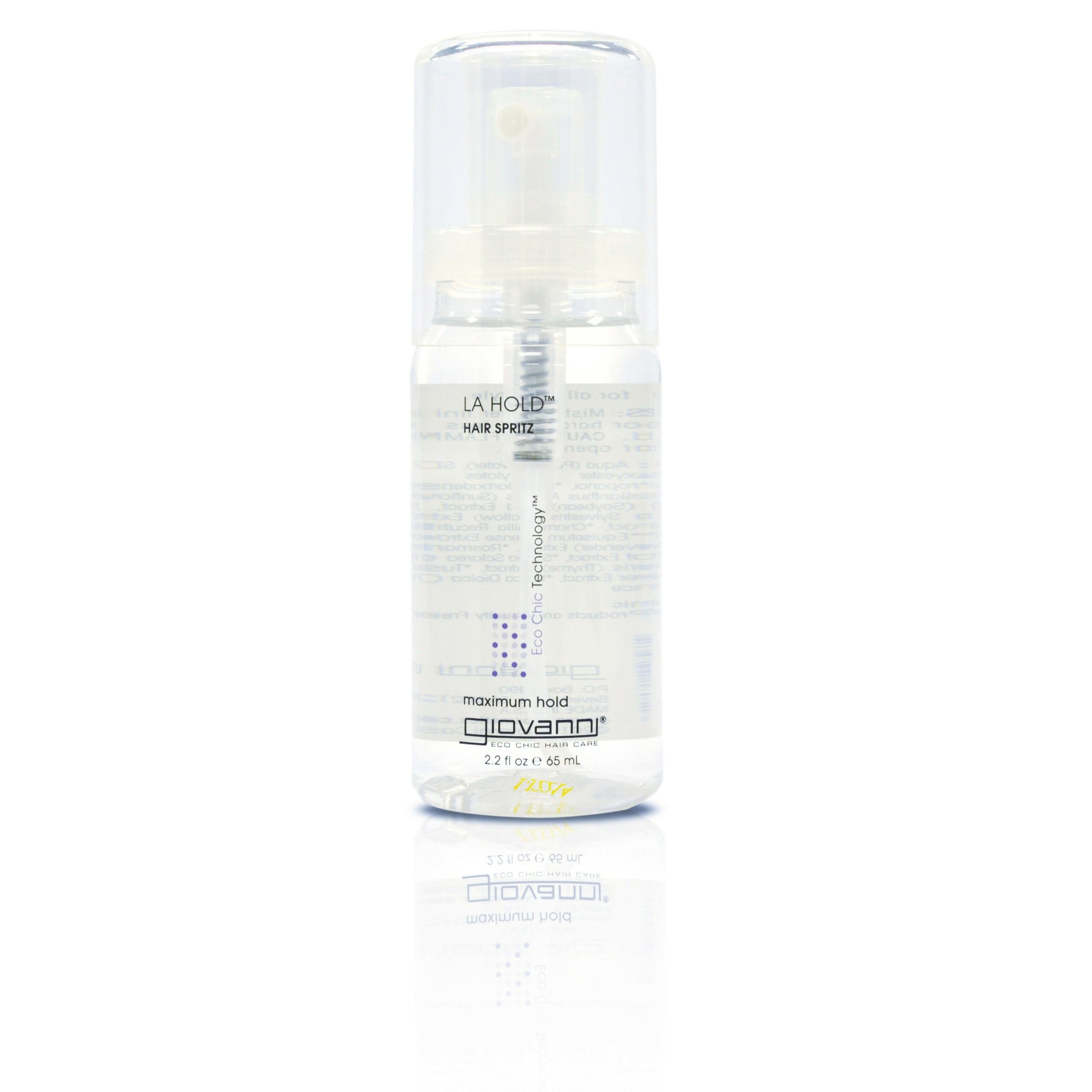 HAIR SPRITZ FOR MAXIMUM HOLD - Giovanni Cosmetics L.A. HOLD HAIR SPRITZ (Travel Size) is a 2.2 fl oz clear plastic spray bottle with a white nozzle and transparent cap; this maximum hold, color-safe, paraben-free hair spray is perfect for on-the-go use.