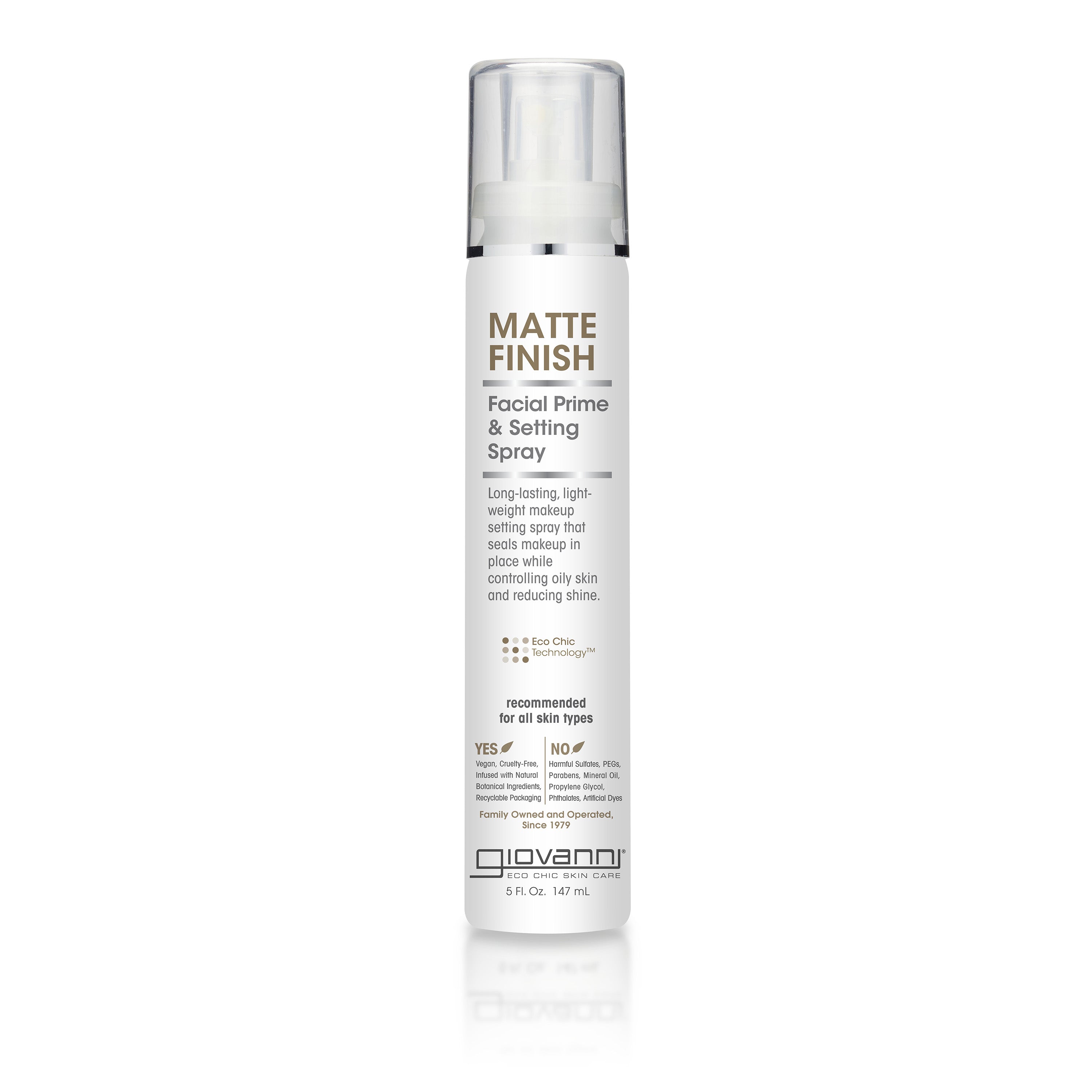 for all skin types - A tall white bottle of Giovanni Cosmetics MATTE FINISH PRIME & SETTING MIST with a clear cap and gold-gray text—ideal for on-the-go skincare hydration and as a reliable makeup setting spray in one.