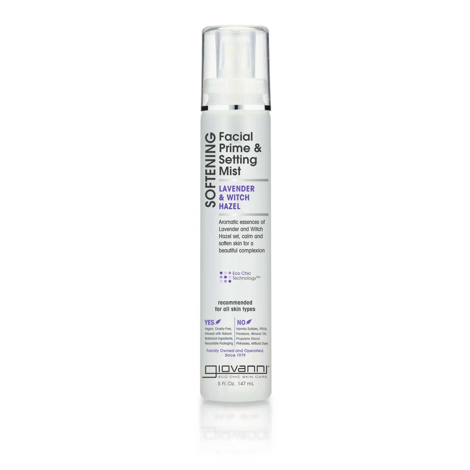 lavender & witch hazel - A white bottle of Giovanni Cosmetics SOFTENING FACIAL PRIME & SETTING MIST with a clear cap, black and purple text, stands upright on a white background.