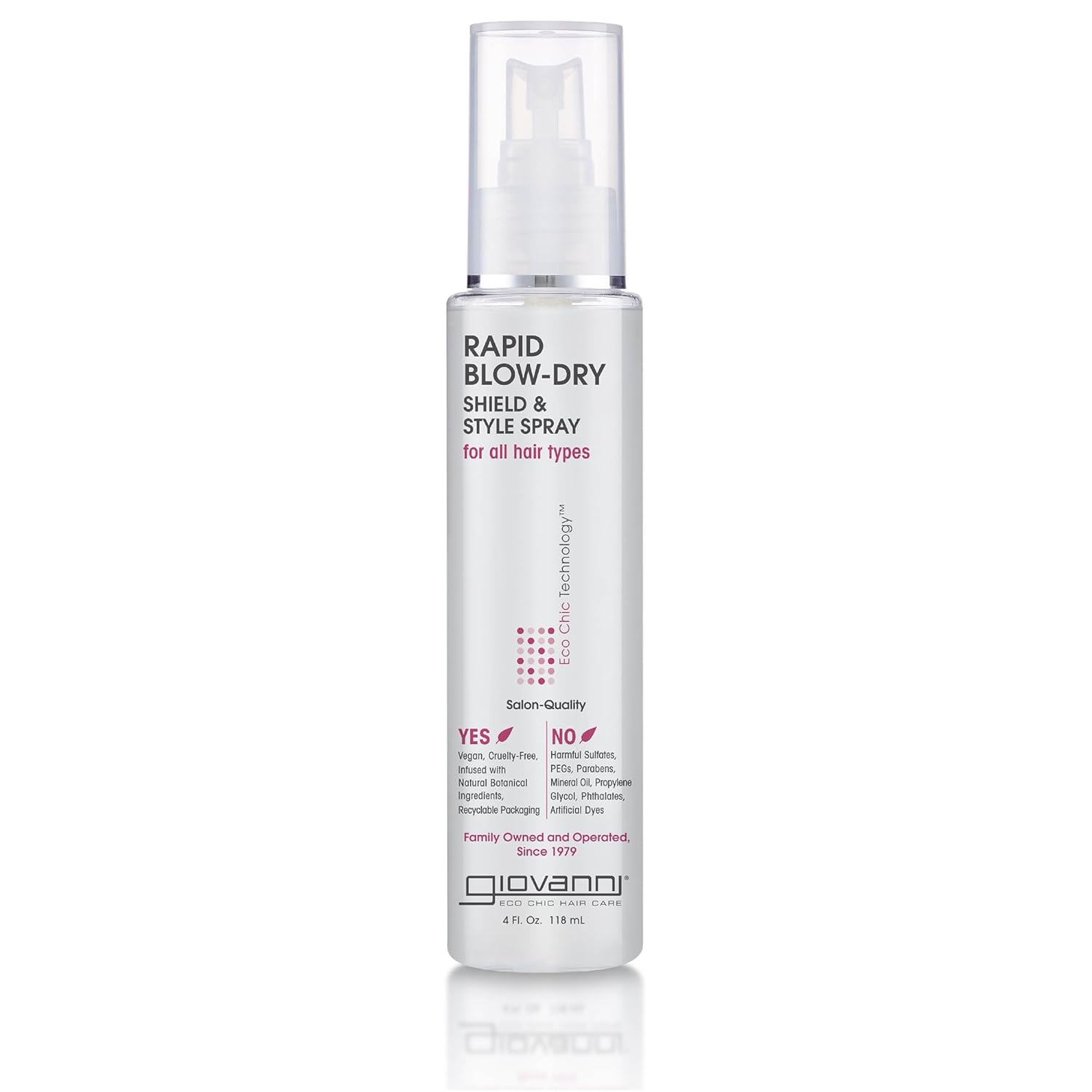 for all hair types - A clear Giovanni Cosmetics RAPID BLOW-DRY SHIELD AND STYLE SPRAY bottle with pink and black text stands on a white background—ideal for all hair types, offering frizz control and heat protection during blow-drying.