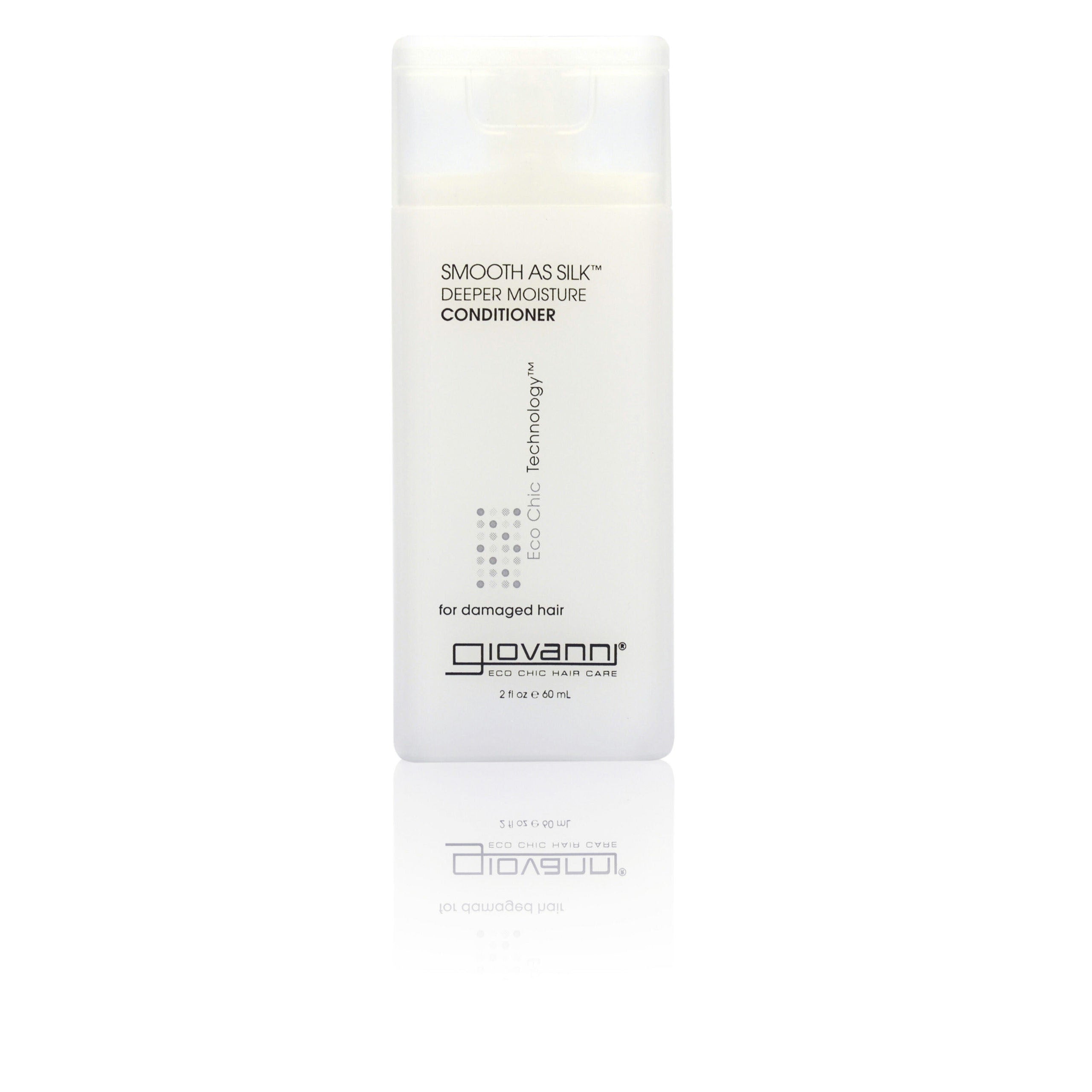 Recommended for Damaged Hair - A white travel-size bottle of Giovanni Cosmetics SMOOTH AS SILK™ DEEPER MOISTURE CONDITIONER for damaged hair with a translucent flip-top cap is shown standing upright on a white background.