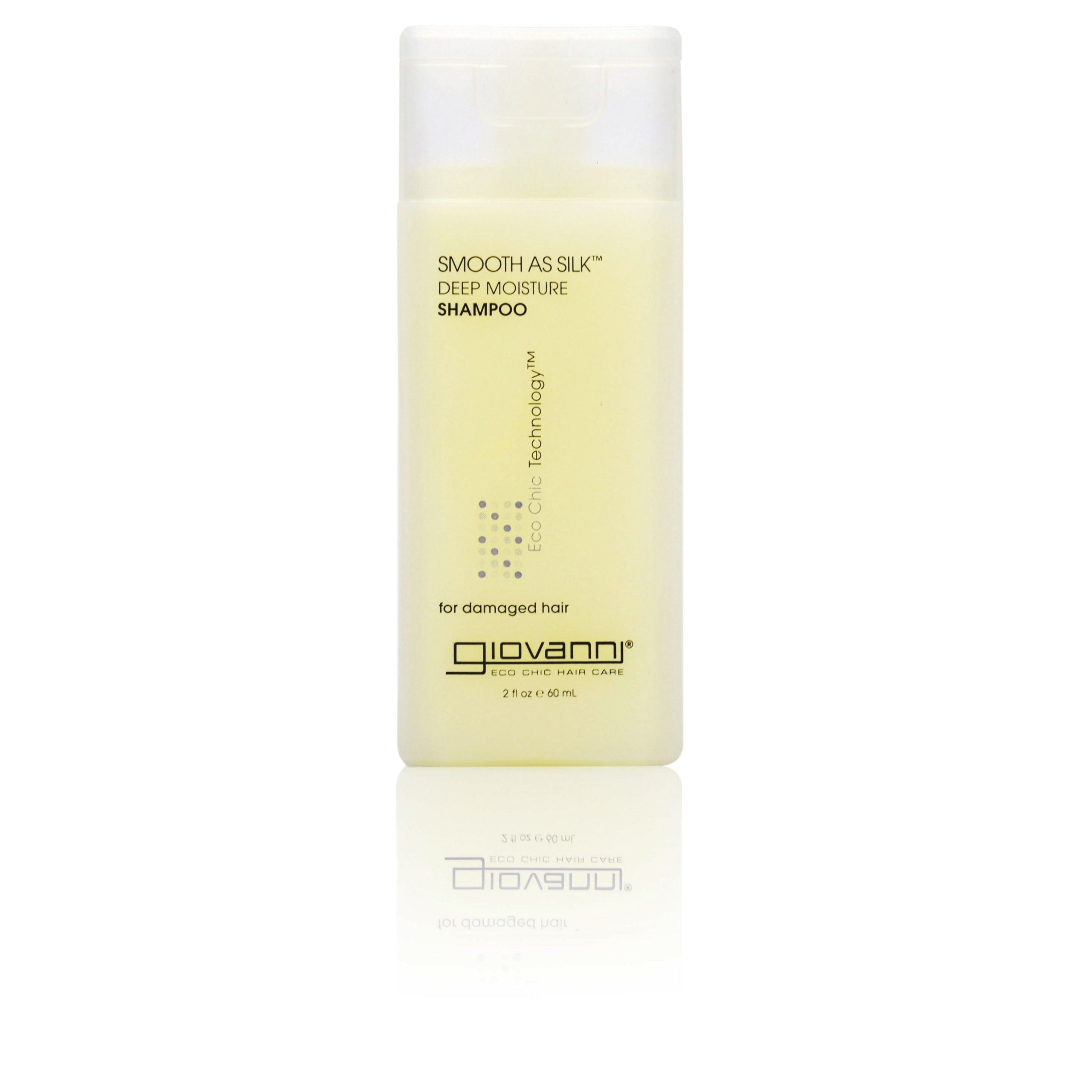 Recommended for Damaged Hair - A 2 fl oz (60 ml) travel-size bottle of Giovanni Cosmetics SMOOTH AS SILK™ DEEP MOISTURE SHAMPOO, a paraben-free, color-safe shampoo for damaged hair, features a translucent cap, light yellow liquid, and labeled brand details.