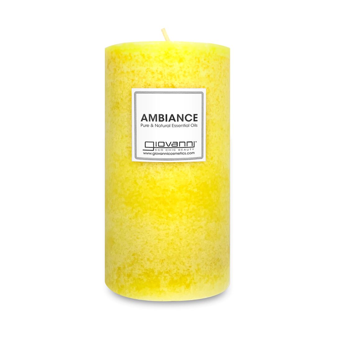 A yellow pillar candle with the label 'AMBIANCE' on the front.